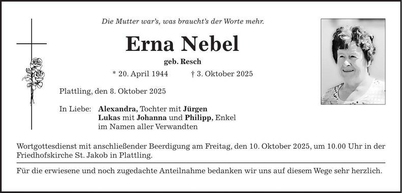 Traueranzeige Erna Nebel