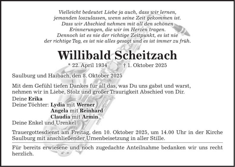 Traueranzeige Willibald Scheitzach