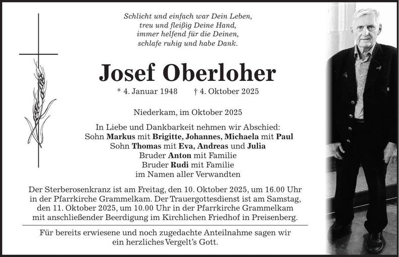 Traueranzeige Josef Oberloher