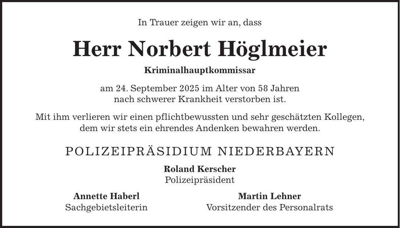 Traueranzeige Norbert Höglmeier