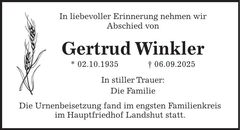 Traueranzeige Gertrud Winkler