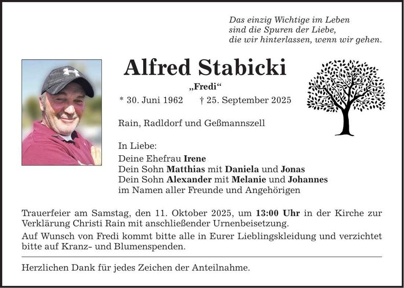 Traueranzeige Alfred Stabicki