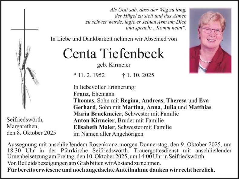 Traueranzeige Centa Tiefenbeck