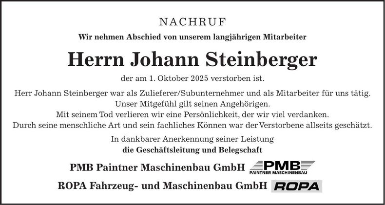 Traueranzeige Johann Steinberger