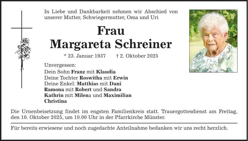 Traueranzeige Margareta Schreiner