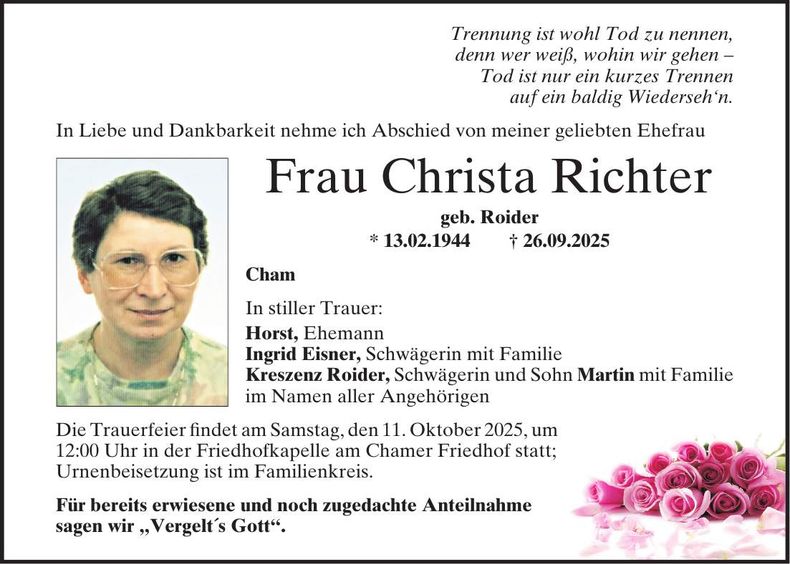Traueranzeige Christa Richter