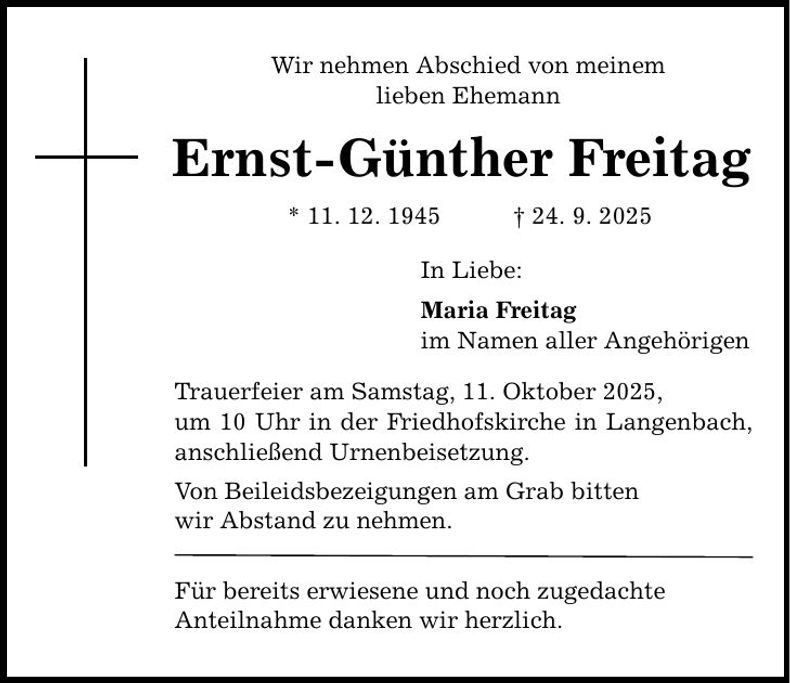 Traueranzeige Ernst-Günther Freitag