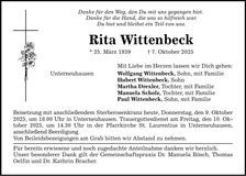 Traueranzeige Rita Wittenbeck
