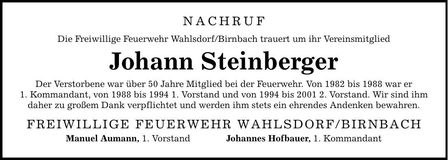 Traueranzeige Johann Steinberger