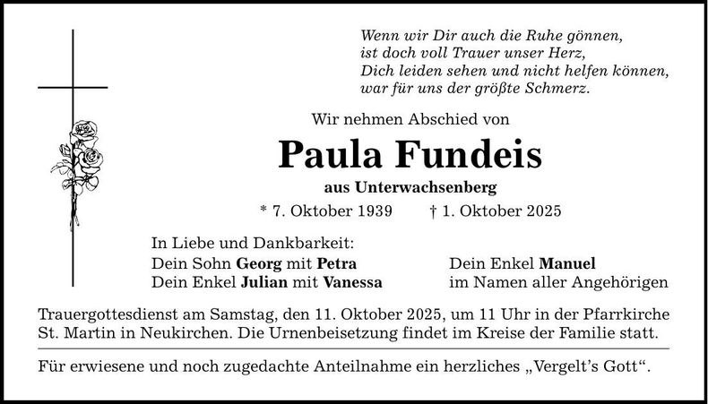 Traueranzeige Fundeis Paula