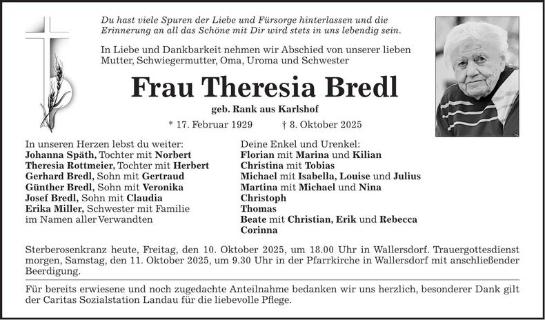 Traueranzeige Theresia Bredl