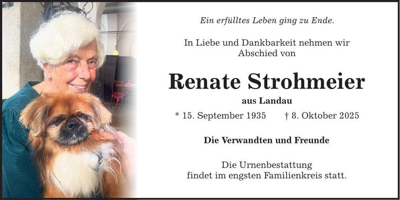 Traueranzeige Renate Strohmeier