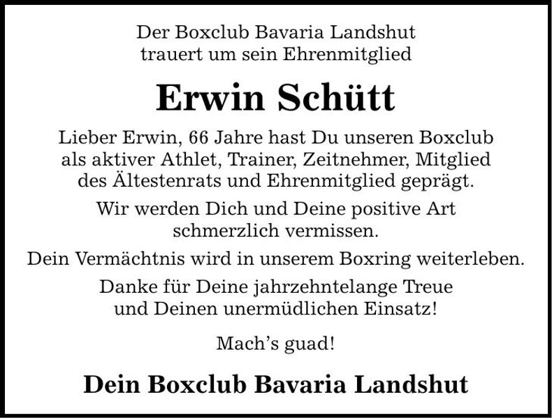 Traueranzeige Erwin Schütt