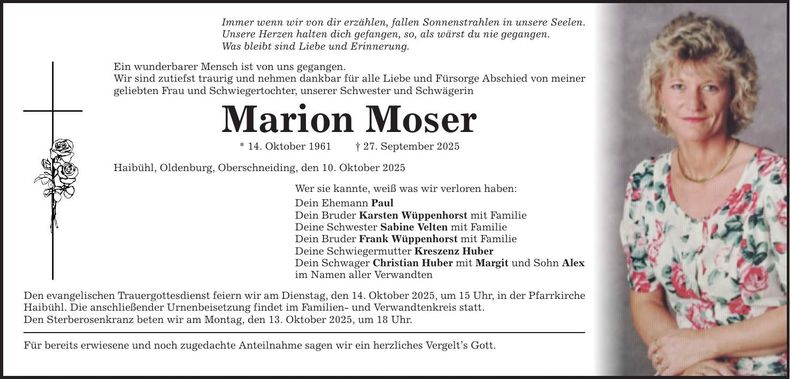 Traueranzeige Marion Moser