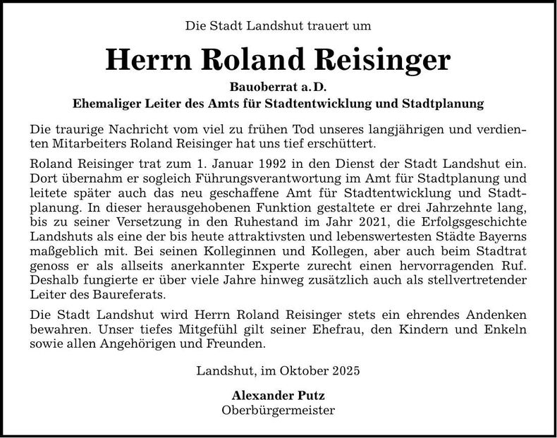 Traueranzeige Roland Reisinger