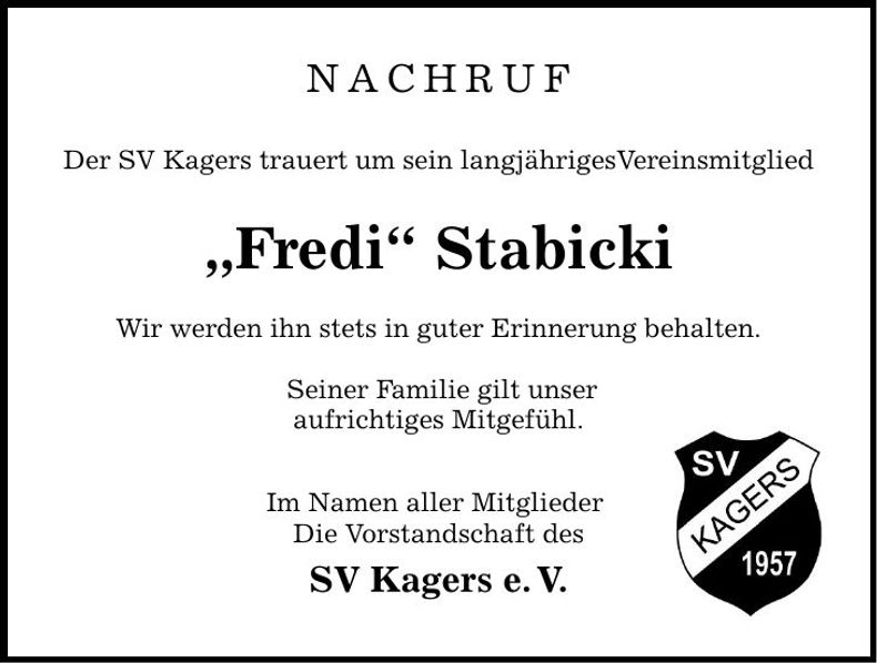 Traueranzeige Stabicki Fredi