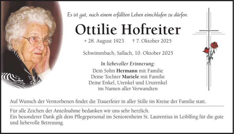 Traueranzeige Ottilie Hofreiter