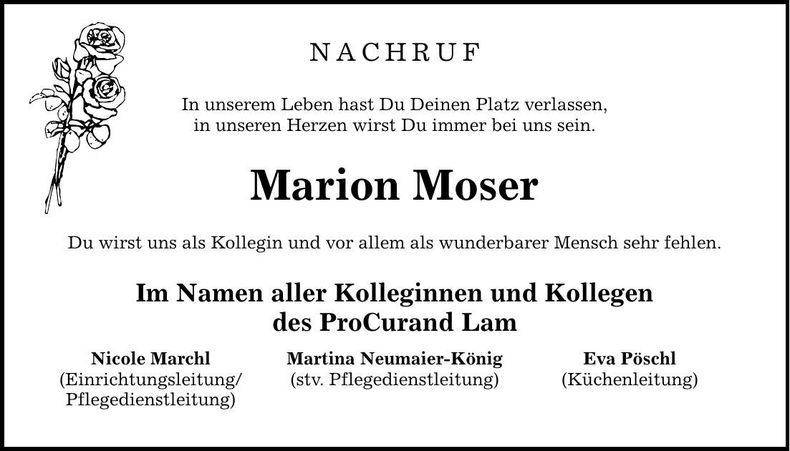 Traueranzeige Marion Moser
