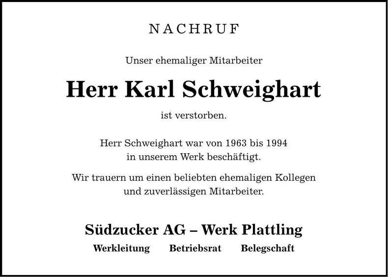 Traueranzeige Karl Schweighart