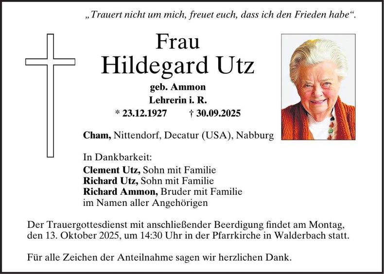 Traueranzeige Hildegard Utz