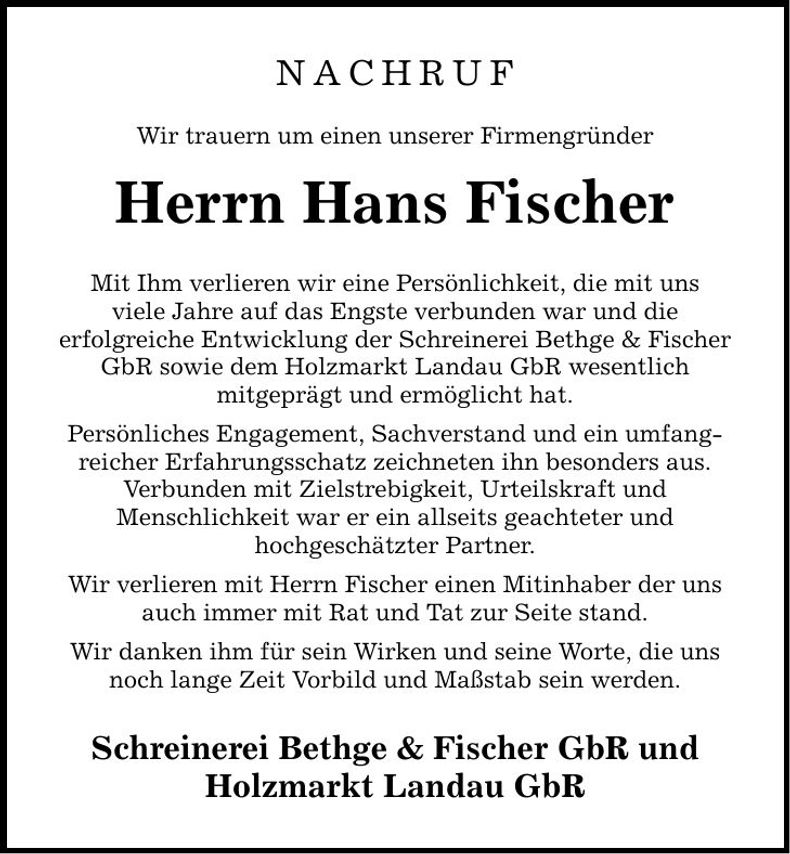 Traueranzeige Hans Fischer
