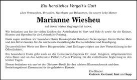 Traueranzeige Marianne Wiesheu