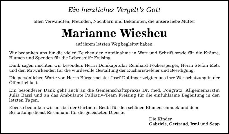 Traueranzeige Marianne Wiesheu