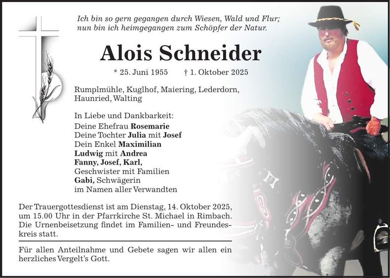 Traueranzeige Aloois Schneider