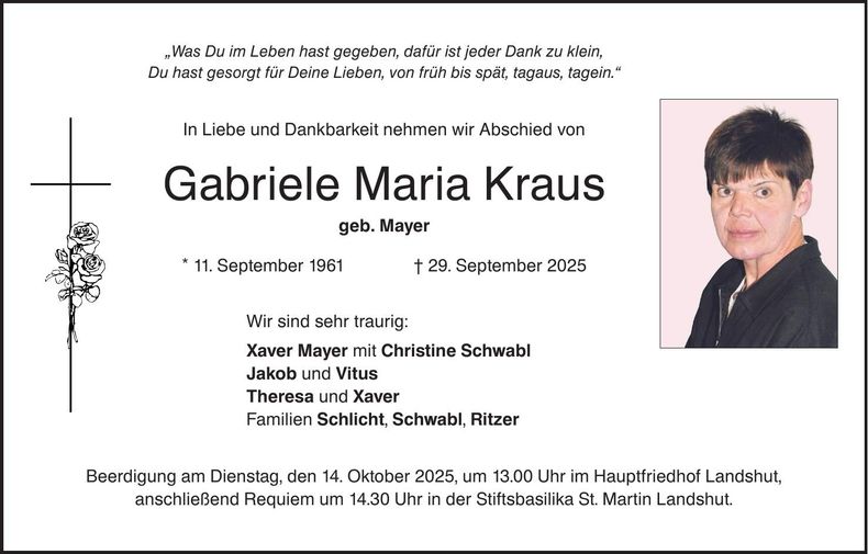 Traueranzeige Kraus Gabriele Maria