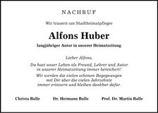 Traueranzeige Huber Alfons