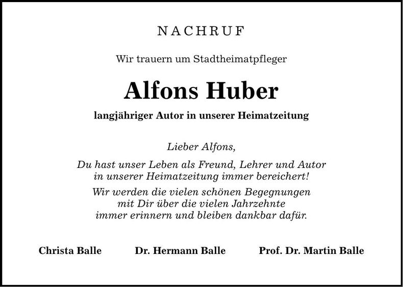 Traueranzeige Huber Alfons