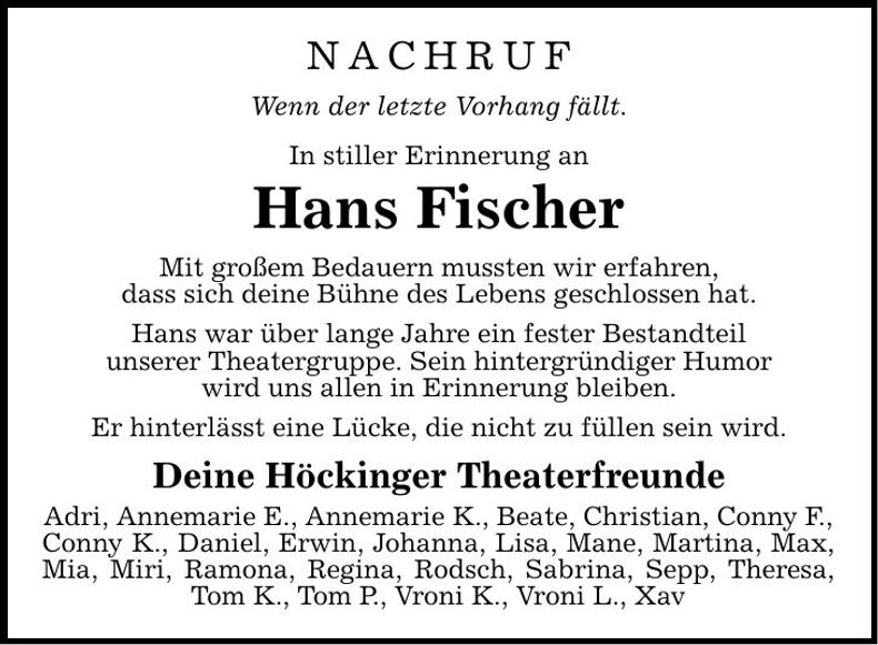Traueranzeige Hans Fischer