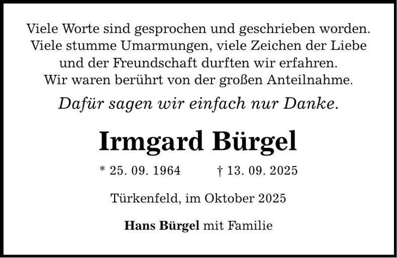 Traueranzeige Irmgard Bürgel