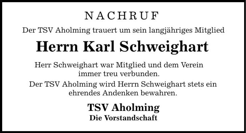 Traueranzeige Karl Schweighart