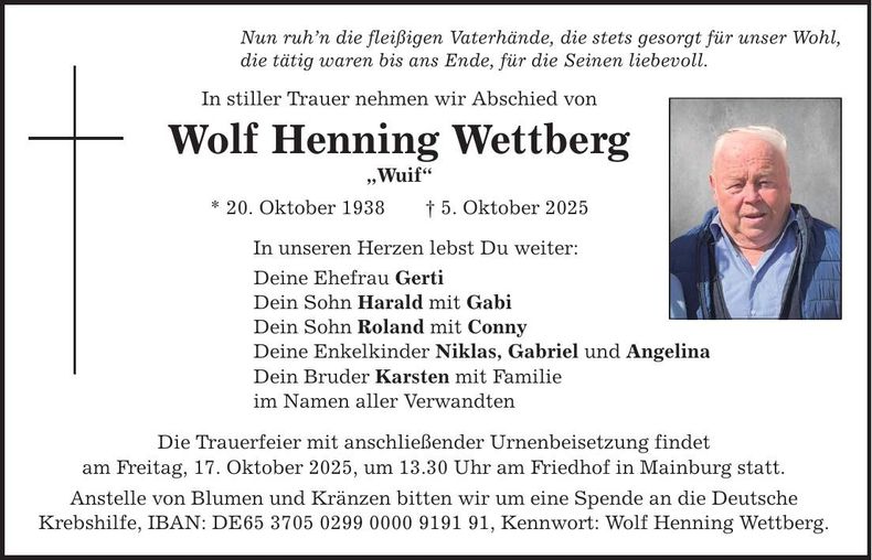 Traueranzeige Wolf Henning Wettberg