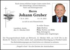 Traueranzeige Johann Gruber