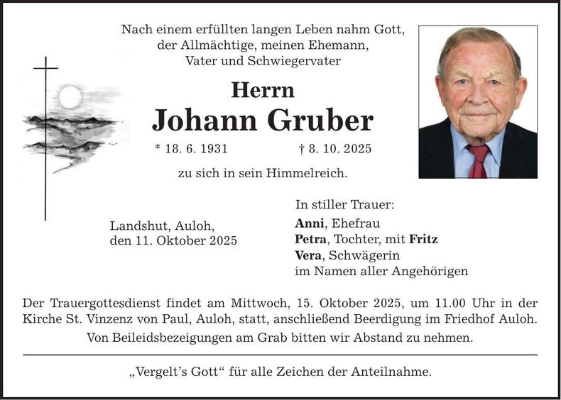 Traueranzeige Johann Gruber