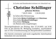 Traueranzeige Christine Schillinger