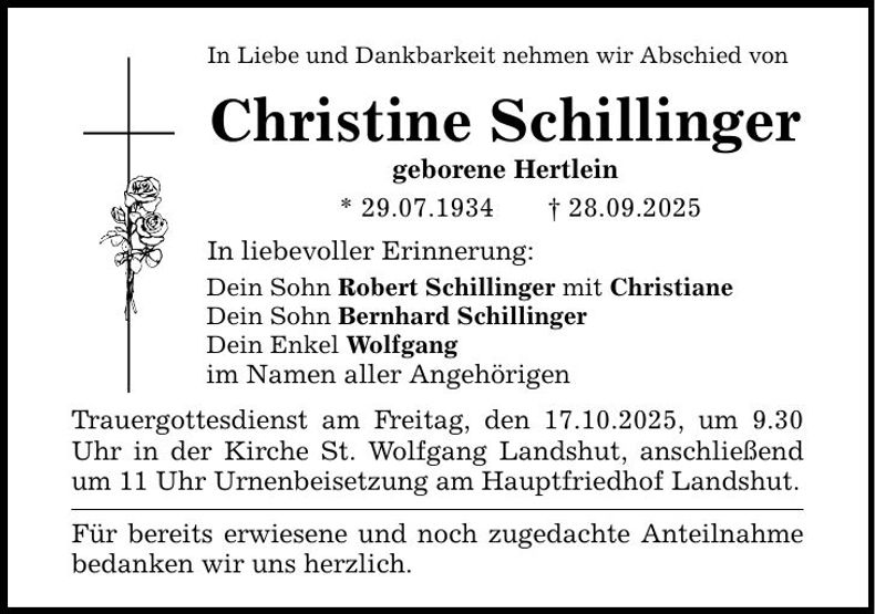 Traueranzeige Christine Schillinger