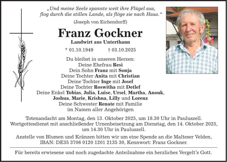 Traueranzeige Franz Gockner