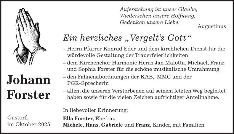 Traueranzeige Johann Forster