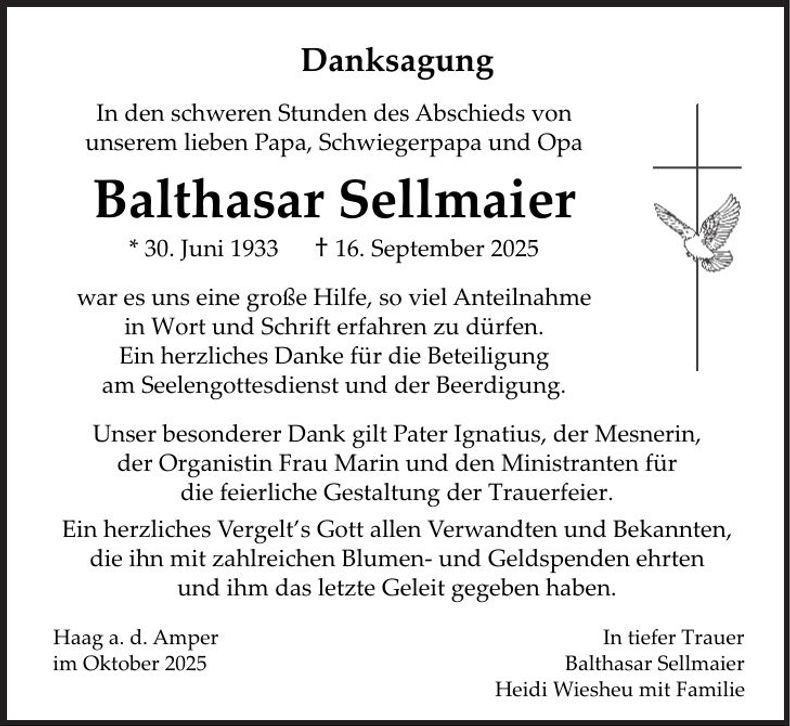 Traueranzeige Balthasar Sellmaier