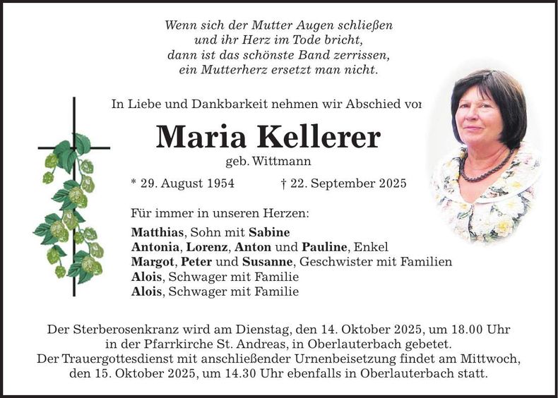 Traueranzeige Maria Kellerer