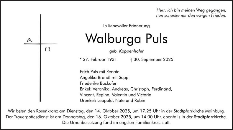 Traueranzeige Walburga Puls