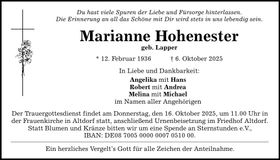 Traueranzeige Marianne Hohenester