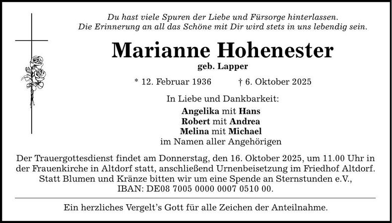 Traueranzeige Marianne Hohenester