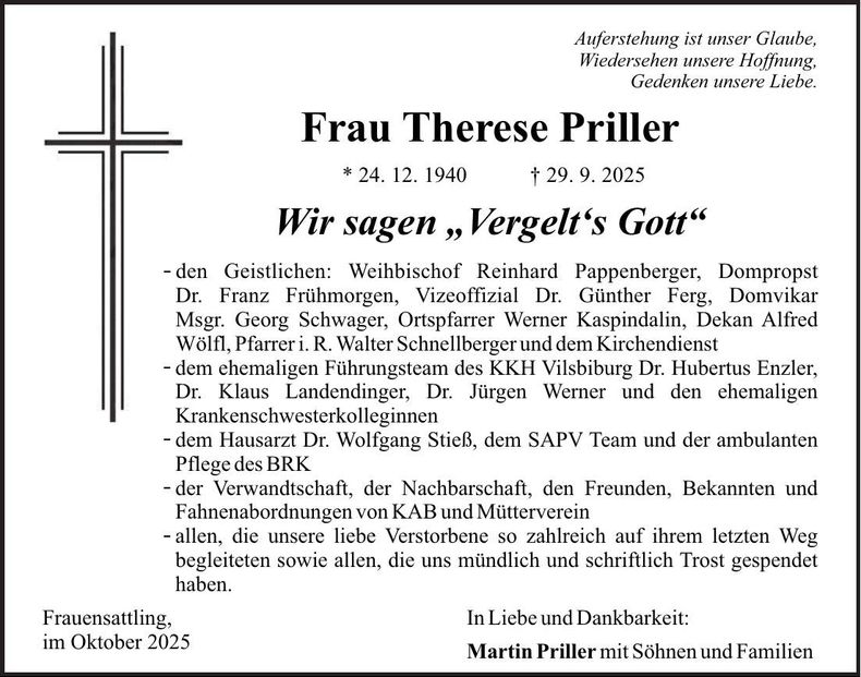 Traueranzeige Therese Priller