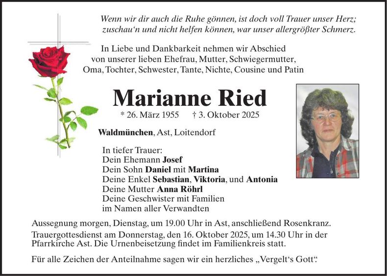 Traueranzeige Marianne Ried