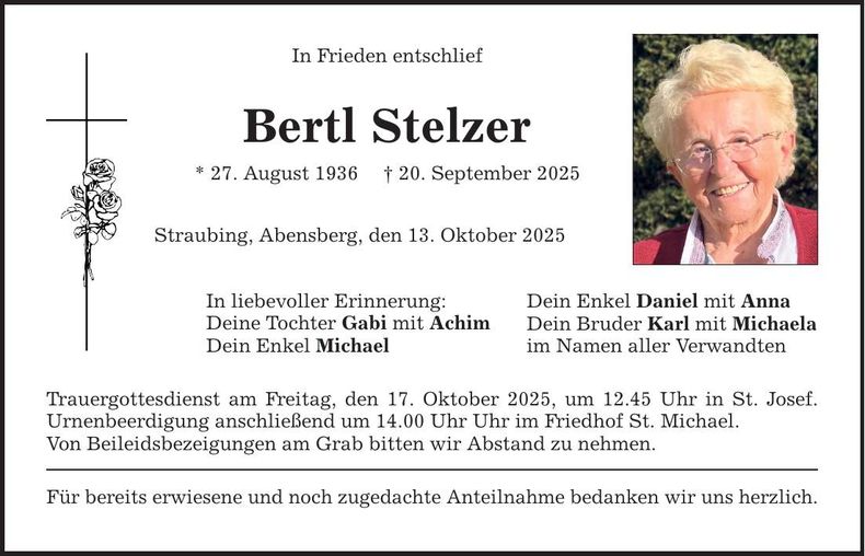 Traueranzeige Berta Stelzer