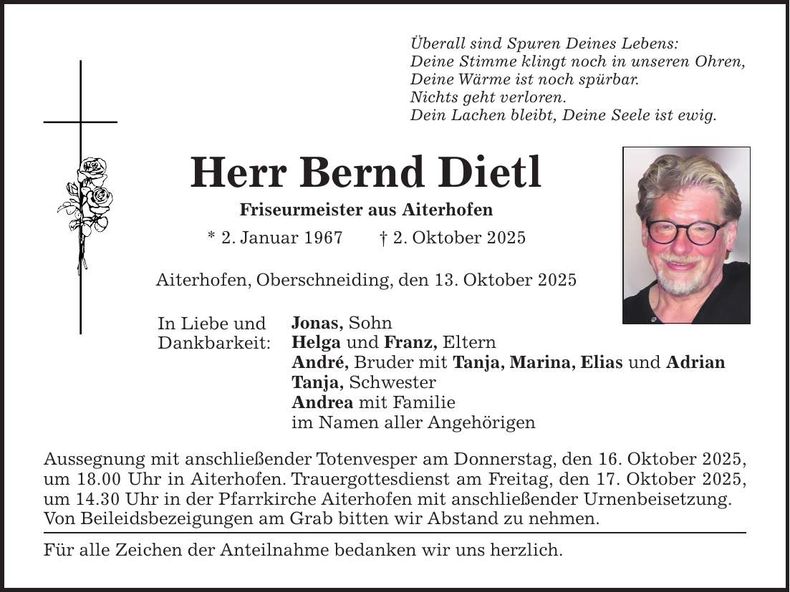 Traueranzeige Bernd Dietl